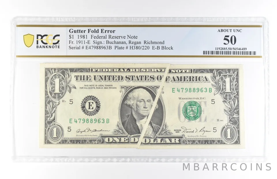 1981 $1 Richmond VA FRN Gutter Fold Error Fr#1911-E About Unc 50 PCGS *5811