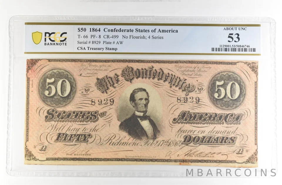 1864 $50 Confederate States America Large Note T-66 PF-8 CR-499 AU 55 PCGS *4213