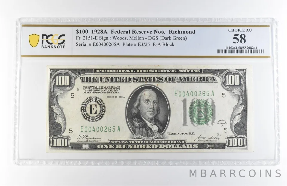 1928 A $100 Richmond VA FRN Fr#2151-E DGS Choice AU 58 PCGS a7860
