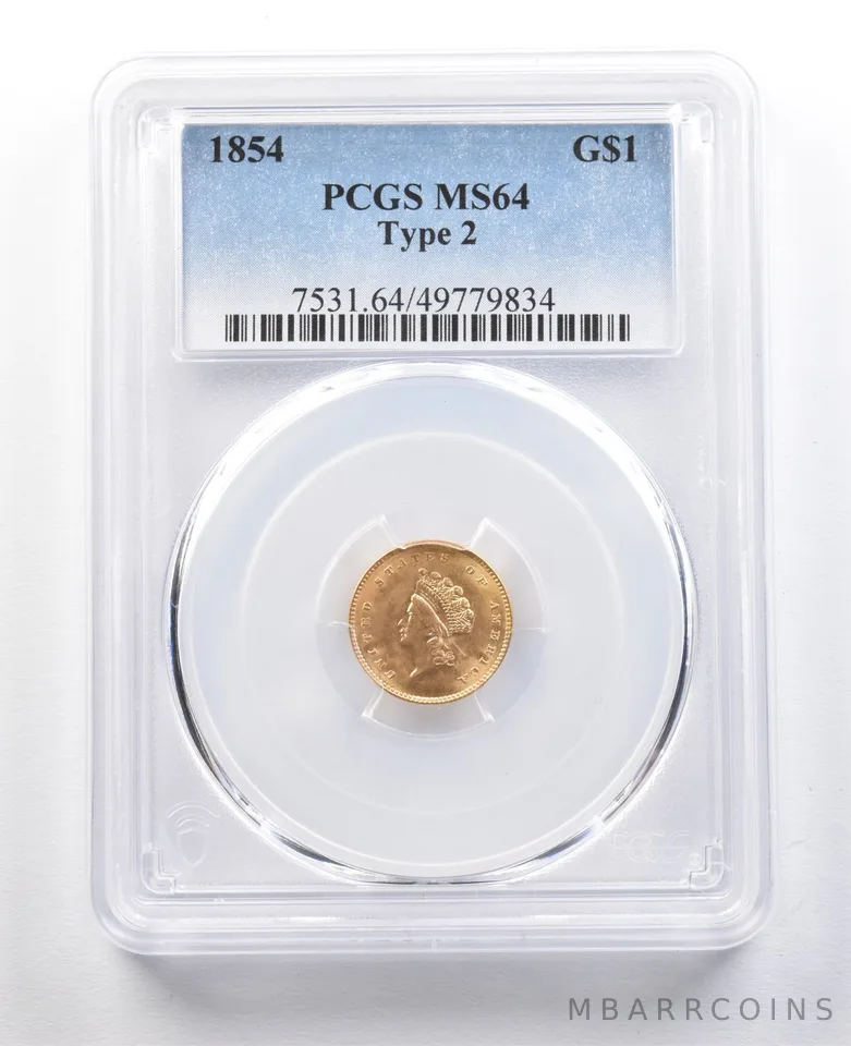 1854 $1 Indian Princess Head Gold Dollar Type 2 MS64 PCGS a5177