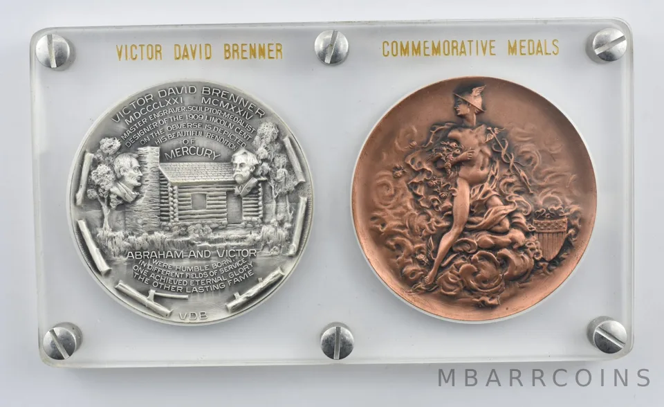 1961 Victor David Brenner Mercury Bronze & Silver Commem Medal Set Encased *8243