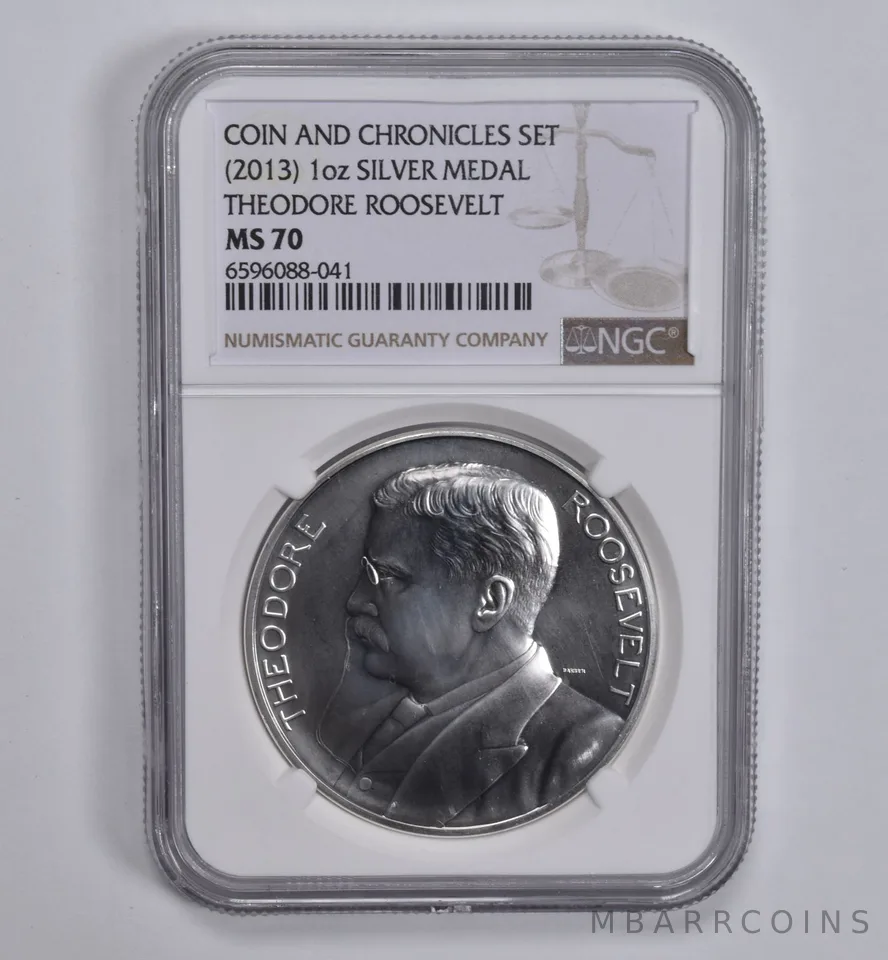 (2013) Silver Medal Theodore Roosevelt Coin & Chronicles 1 oz MS70 NGC