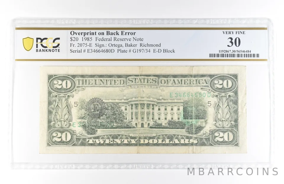 1985 $20 Richmond VA FRN Fr#2075-E Very Fine 30 PCGS Overprint Error *5815