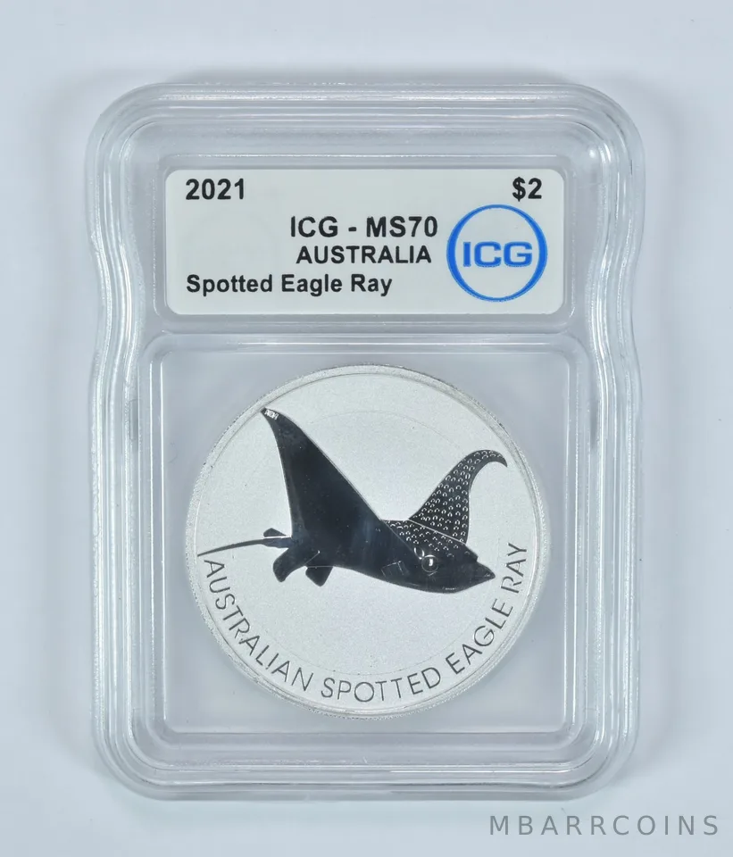 2021 Australia 2 Dollars Silver Spotted Eagle Ray 1 1/2 oz MS70 ICG