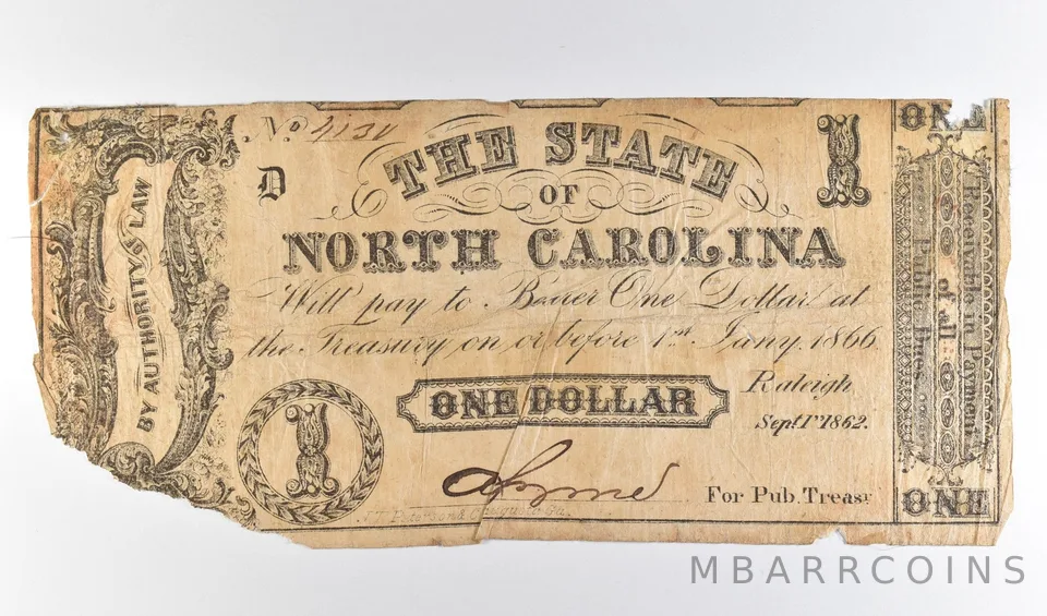 1862 $1 State Of North Carolina Obsolete Note *8723