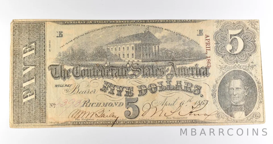 1863 $5 Richmond VA Confederate States Of America Obsolete Note *3886