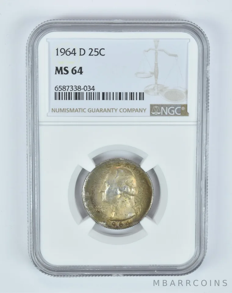 MS64 1964-D Washington Quarter NGC - Golden End of Roll Tone a4998