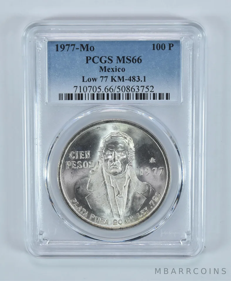 1977 Mo Mexico 100 Pesos Silver MS66 PCGS Blue Label