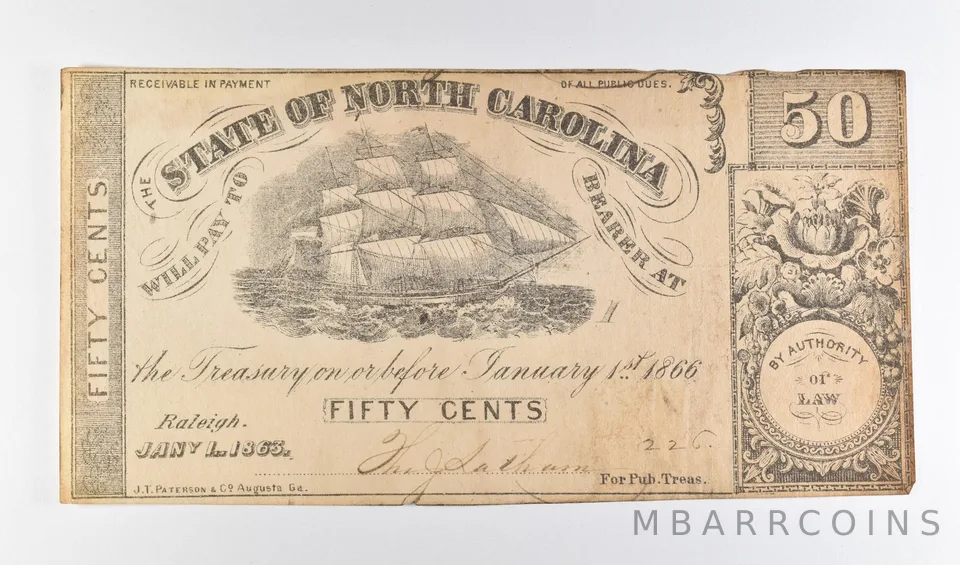 1866 50 Cents State Of North Carolina Obsolete Note *8726