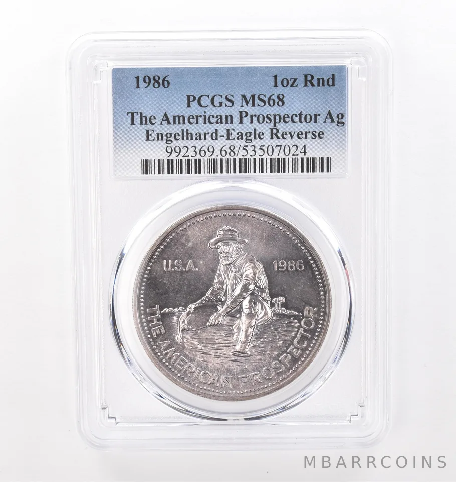 1986 1 Oz Silver Engelhard American Prospector MS68 PCGS Beautiful Tone *4312