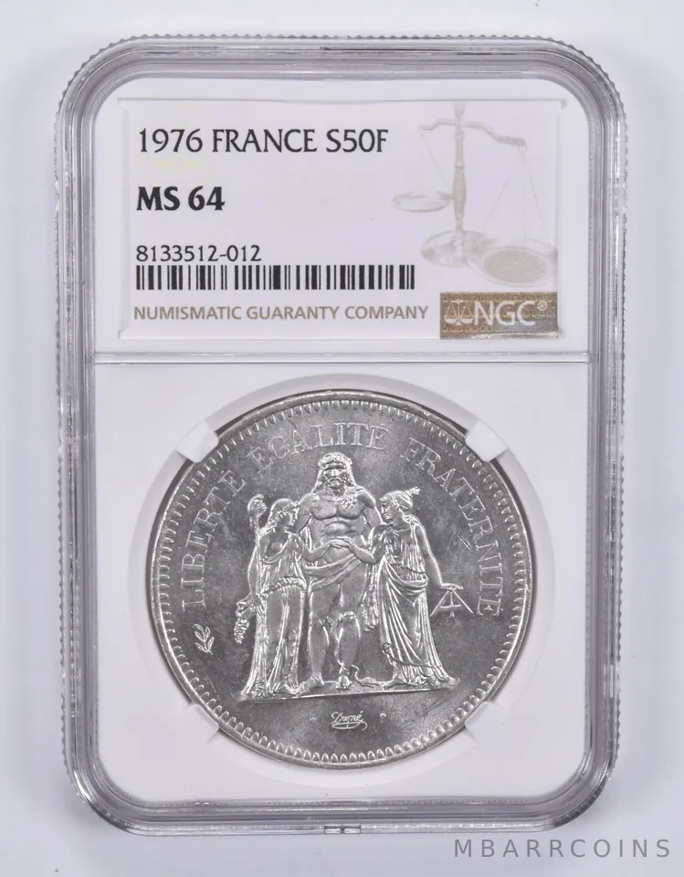 1976 France 50 Francs Silver MS64 NGC Brown Label
