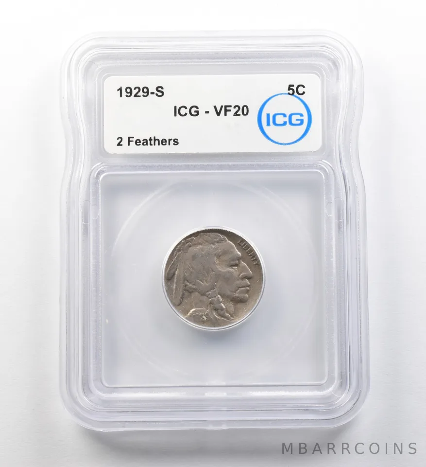 1929-S Indian Head Buffalo Nickel 2 Feathers VF20 ICG ERROR a8197
