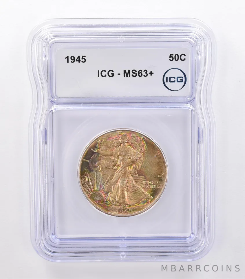1945 Walking Liberty Half Dollar MS63+ ICG Rainbow Tone *9204