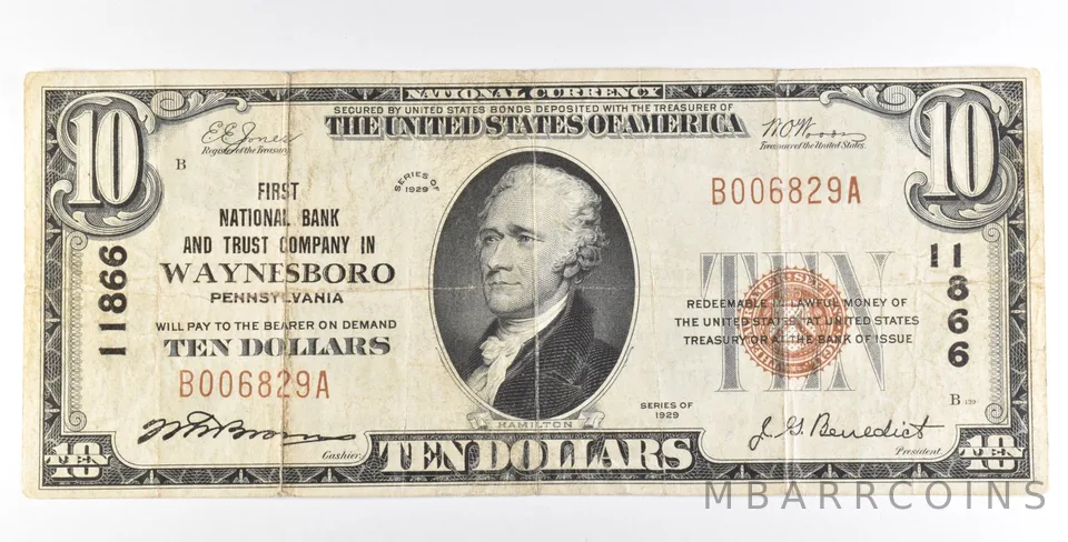 1929 $10 National Currency Note Waynesboro PA Ch#11866 *5610