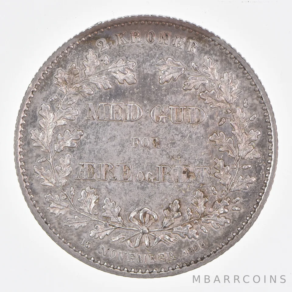 Better Date - 1888 Denmark 2 Kroner World Coin- Silver *451