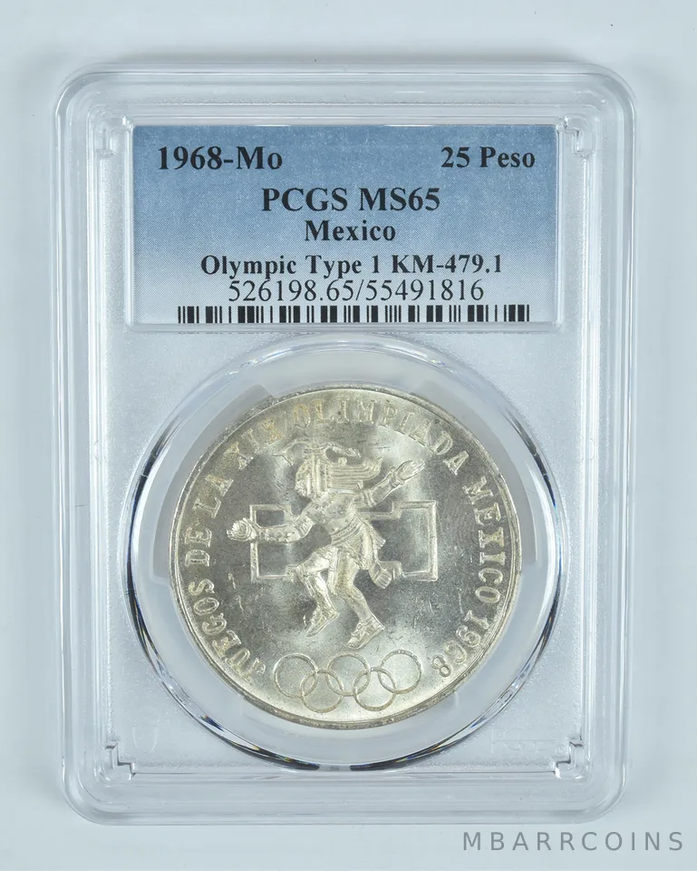 1968 Mo Mexico 25 Pesos Olympic Type 1 MS65 PCGS Blue Label