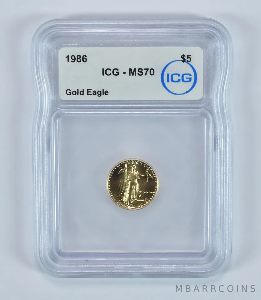1986 $5 American Gold Eagle 1/10 Oz Gold MS70 ICG
