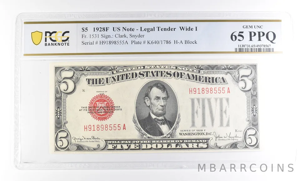 1928 F $5 US Legal Tender Wide I Fr#1531 Gem Unc 65 PPQ PCGS a2373
