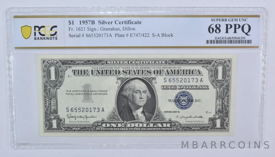 1957 B $1 Silver Certificate Fr#1621 Superb Gem Unc 68 PPQ PCGS a8177