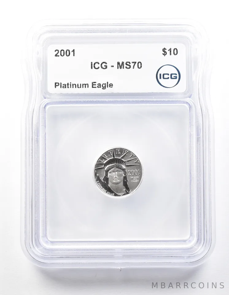 2001 $10 American Platinum Eagle 1/10 Oz Platinum MS70 ICG a2225