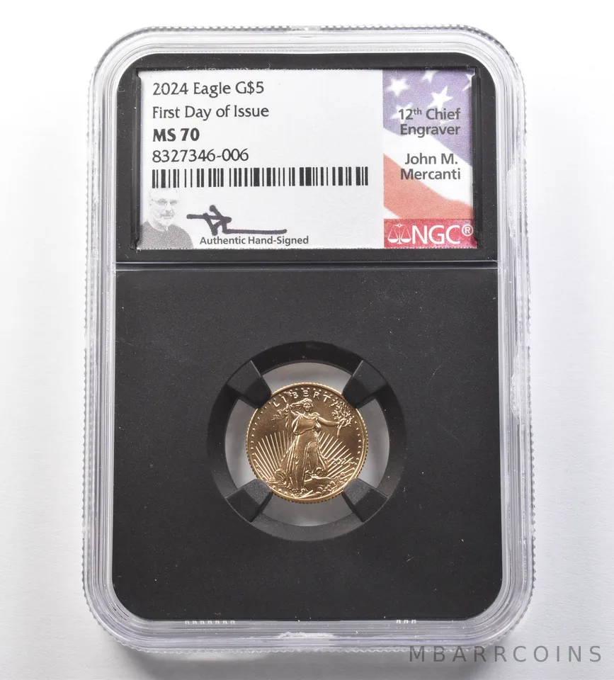 2024 $5 American Gold Eagle Mercanti FDOI 1/10 Oz Gold MS70 NGC *0993