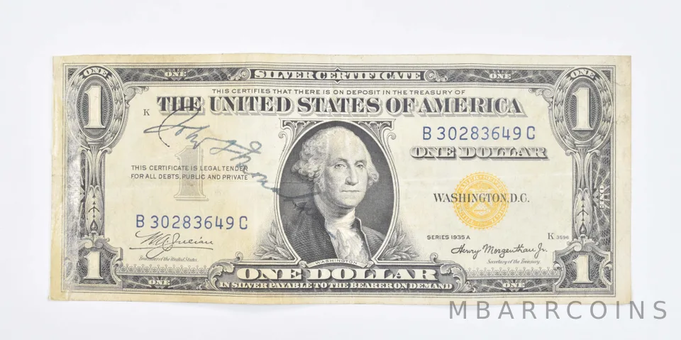 1935-A $1 US Silver Cert. Yellow Seal Short Snorter North Africa Note a8029
