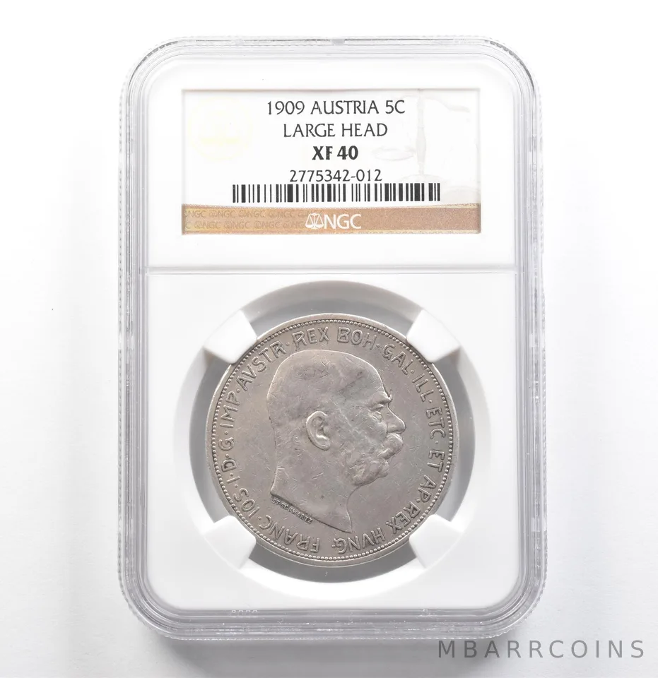 1909 Austria 5 Corona Large Head XF40 NGC *6850