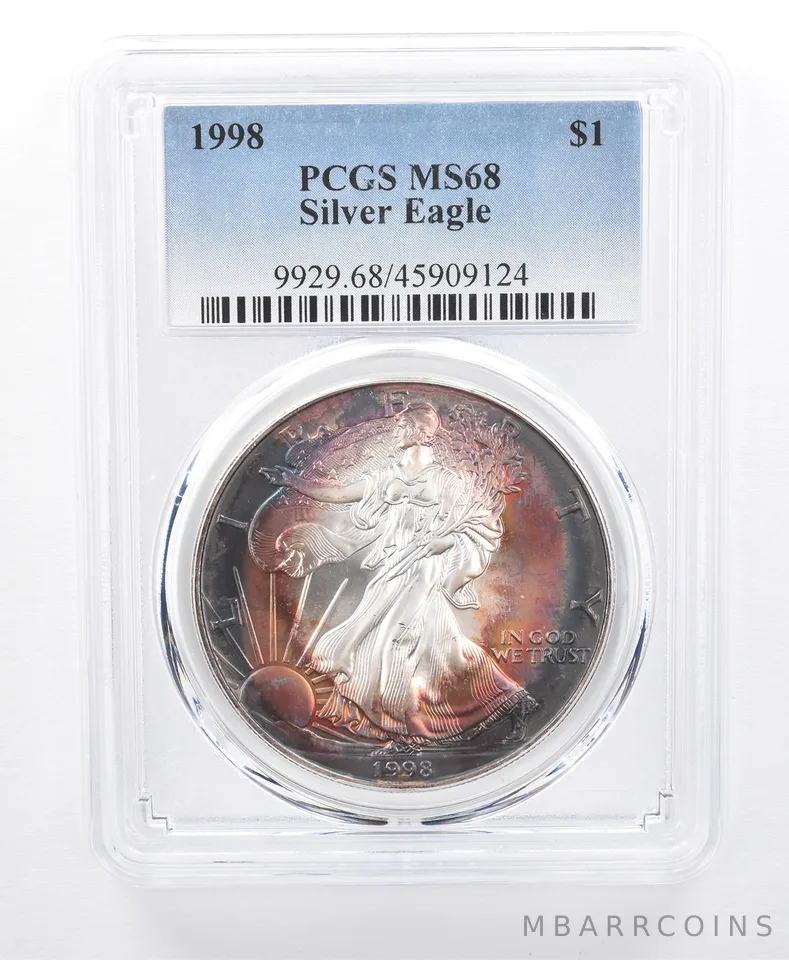 1998 American Silver Eagle MS68 PCGS Purple/Blue Tone *8668