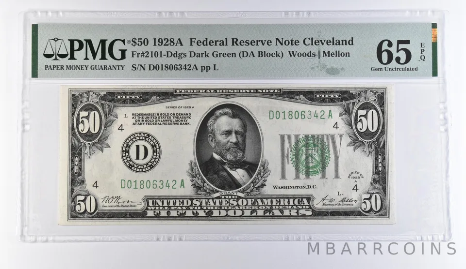 1928 A $50 Cleveland OH FRN Fr#2101-Ddges Dark Green Gem Unc 65 EPQ PMG *9389