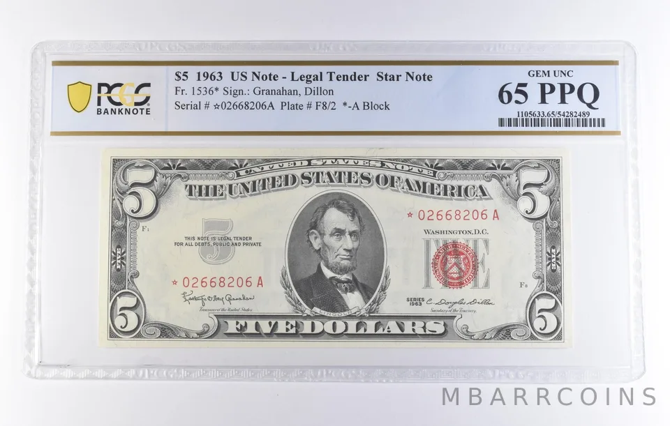 1963 $5 Legal Tender Star Note Fr#1536* Gem Unc 65 PPQ PCGS *8330