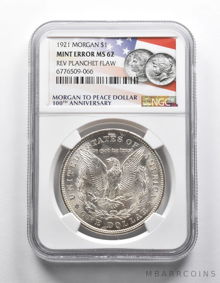 Mint Error MS62 1921 Morgan Silver Dollar REV Planchet Flaw NGC *1908