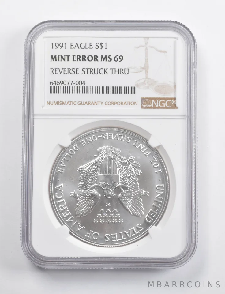 Mint Error MS69 1991 American Silver Eagle REV Struck Thru NGC *3455