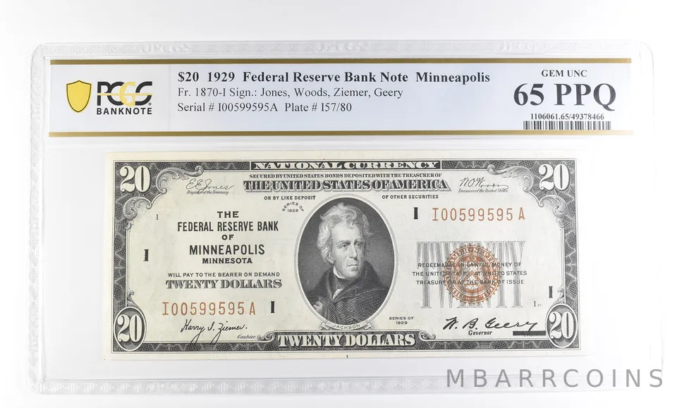 1929 $20 Minneapolis MN Federal Reserve Bank Fr#1870-I Gem Unc 65 PPQ PCGS *2526
