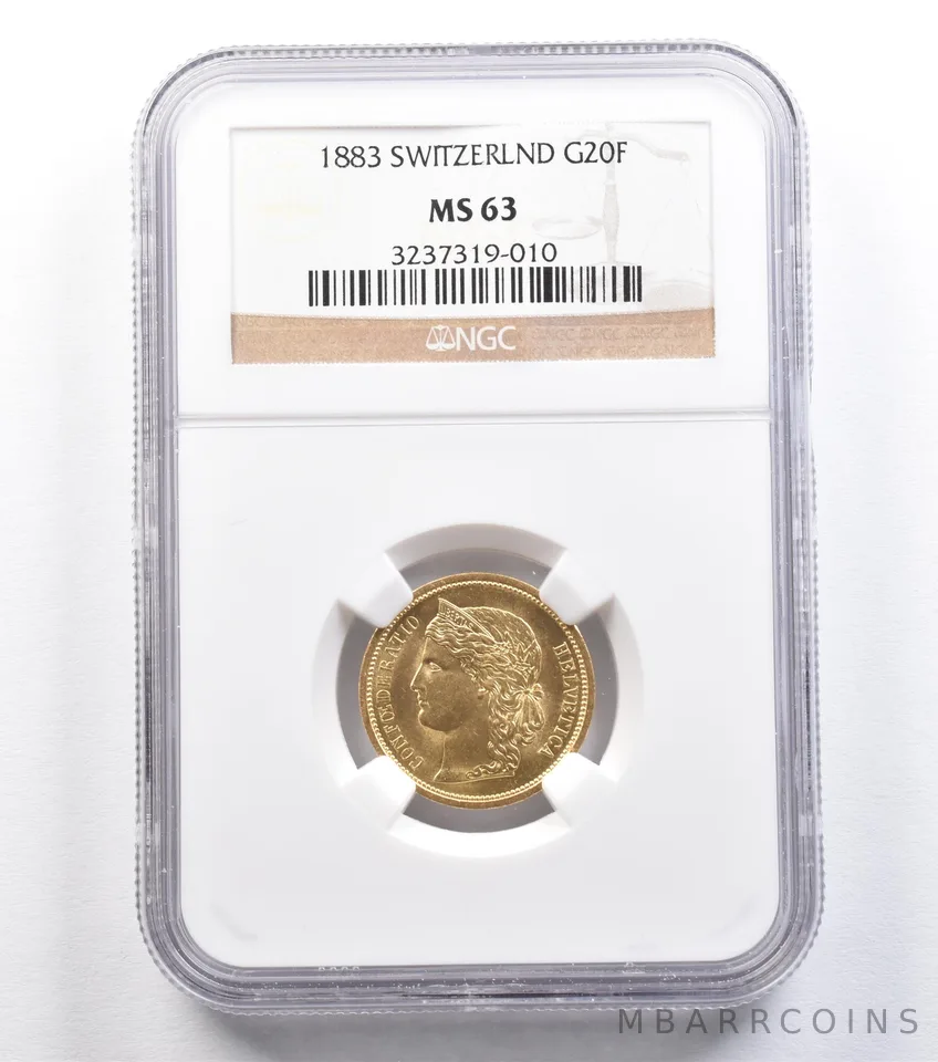 1883 Switzerland 20 Francs Gold MS63 NGC *2223