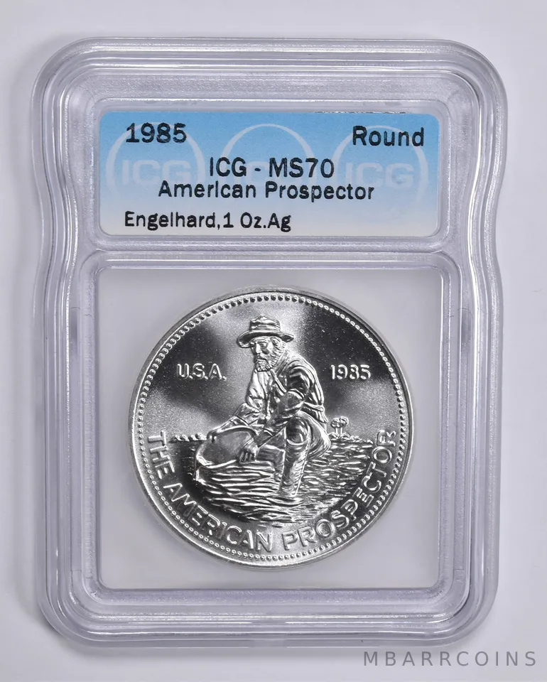 1985 Engelhard American Prospector 1 Troy Oz Silver Round MS70 ICG Graded