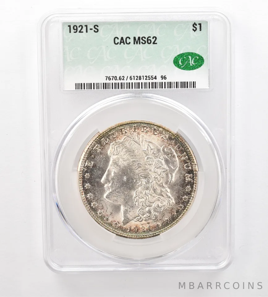 1921-S Morgan Silver Dollar MS62 CAC CACg Beautiful Tone *7431