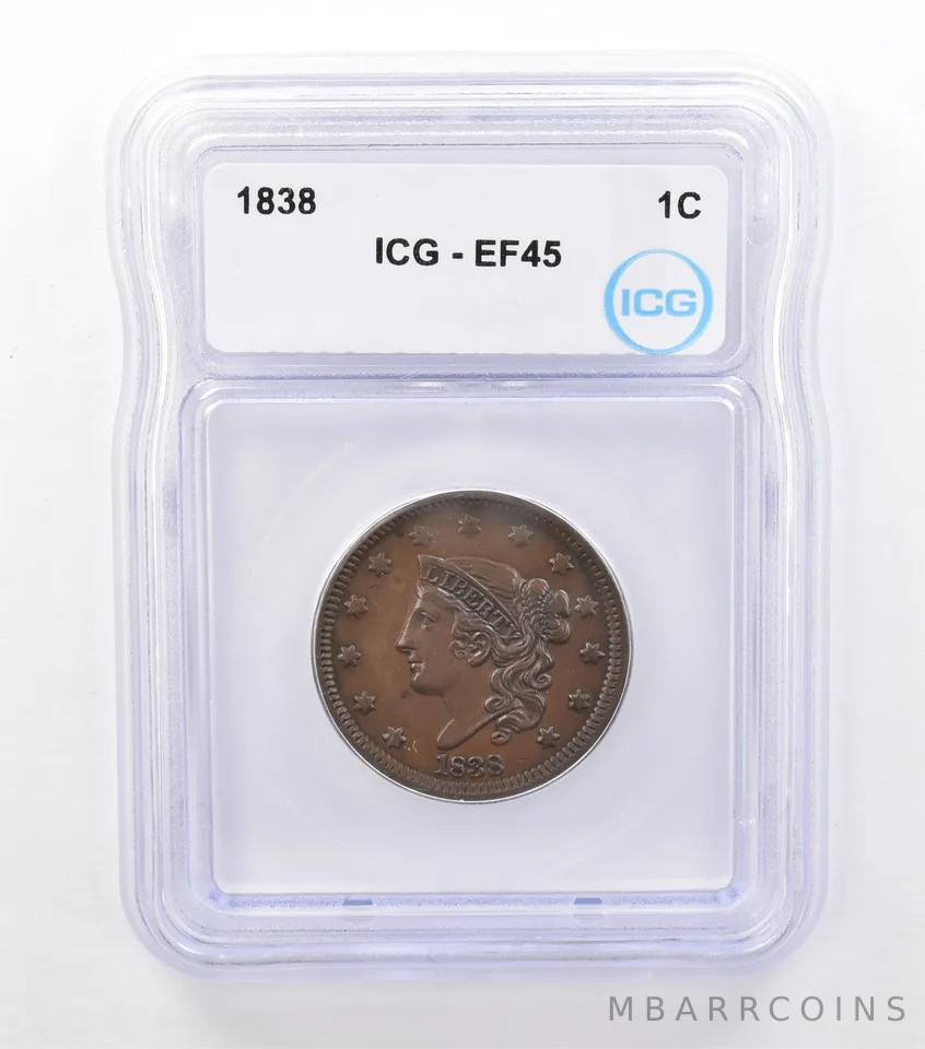 1838 Coronet Head Large Cent EF45 ICG PQ *6983