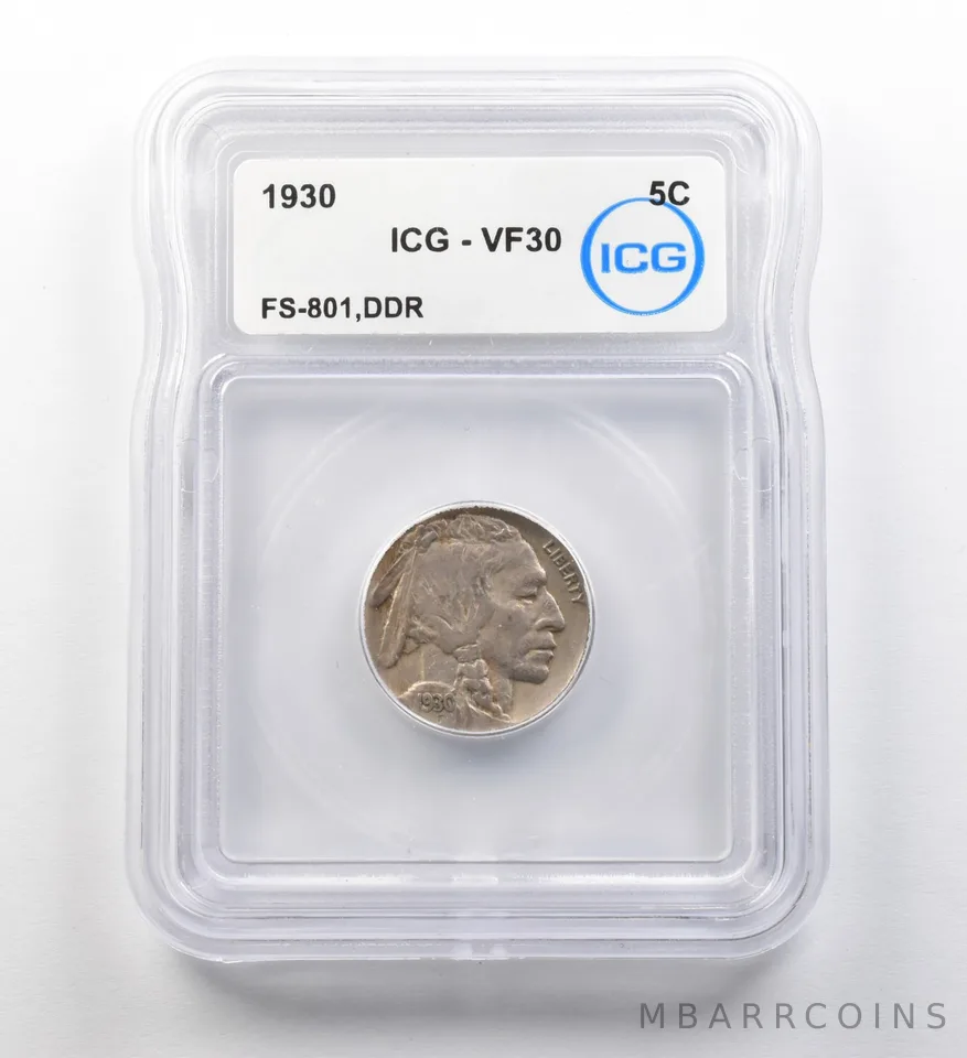 1930 Indian Head Buffalo Nickel FS-801 DDR VF30 ICG ERROR *8180