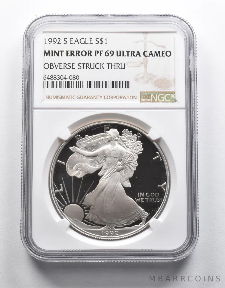 Mint Error PF69 UCAM 1992-S American Silver Eagle OBV Struck Thru NGC *1872