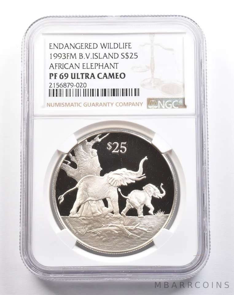 1993 FM British Virgin Islands $25 Silver African Elephant PF69 UCAM NGC a4923