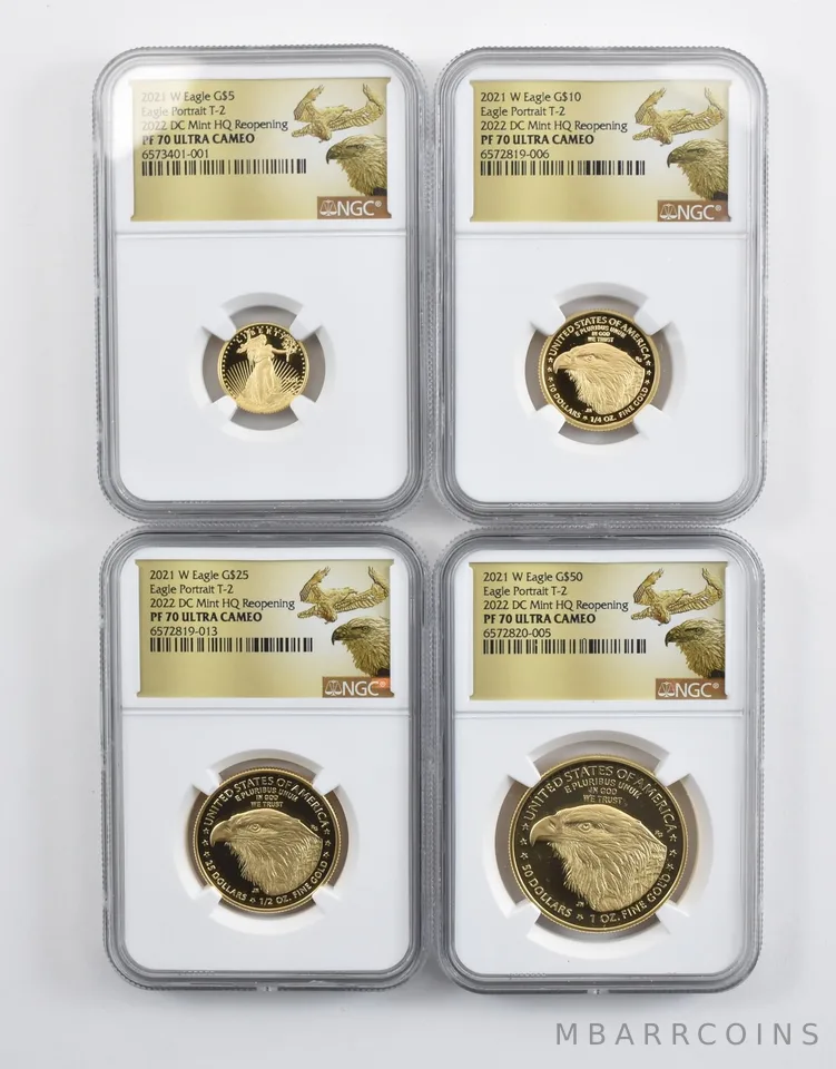 Set 2021-W $5/$10/$25/$50 Gold Eagle Type 2 DC Mint PF70 NGC Low Pop *9385