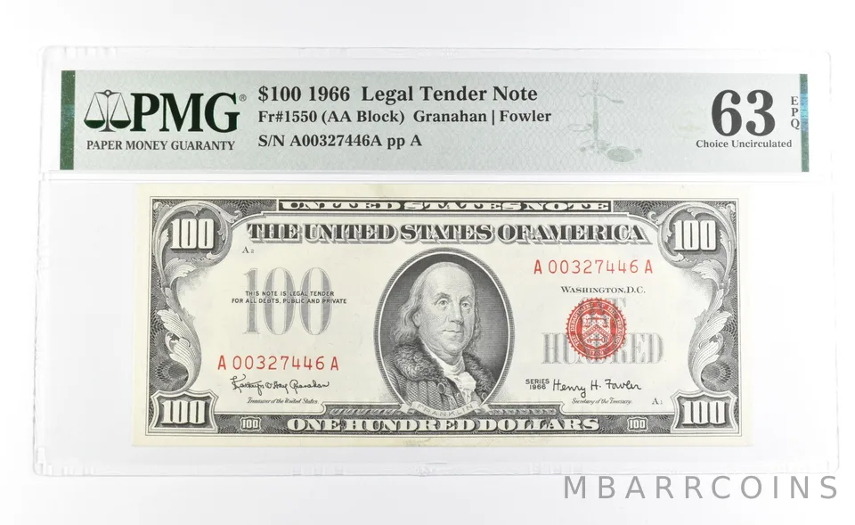 PMG 63 Choice Unc EPQ 1966 $100 Legal Tender Note Red Seal Fr#1550 a1125