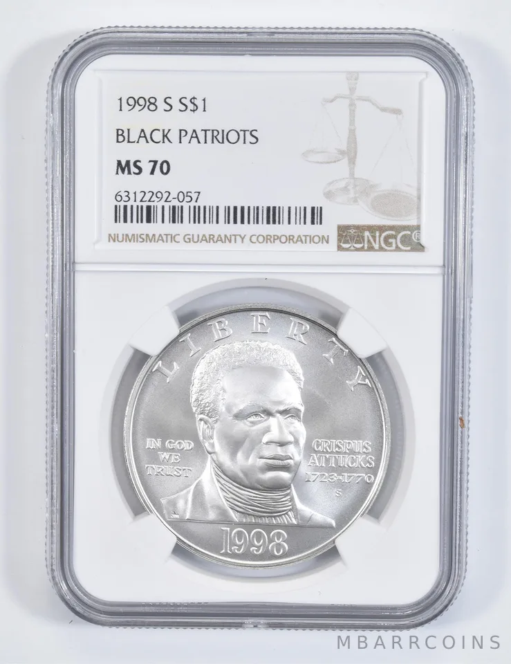 1998-S Black Patriots Commemorative Silver Dollar MS70 NGC Crispus Attucks