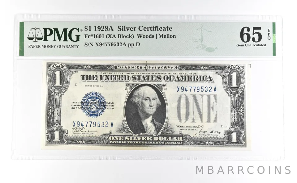 1928 A $1 Silver Certificate Fr#1601 Gem Unc 65 EPQ PMG *6999