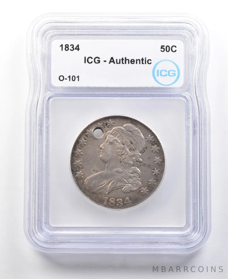 1834 Capped Bust Half Dollar O-101 Authentic ICG Holed *3022