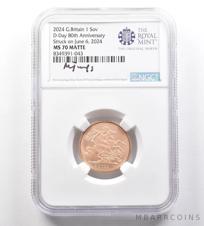 2024 G. Britain Gold Sovereign D-Day Anniversary Jennings MS70 Matte NGC *0990