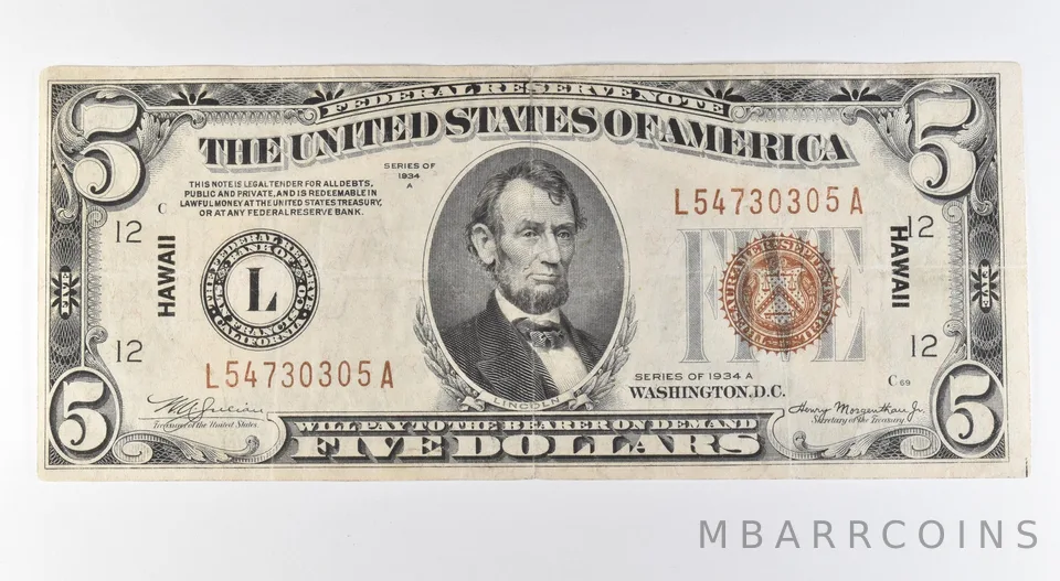 1934 A $5 San Francisco CA FRN Hawaii Issue Brown Seal Fr#2302 Mule *9611