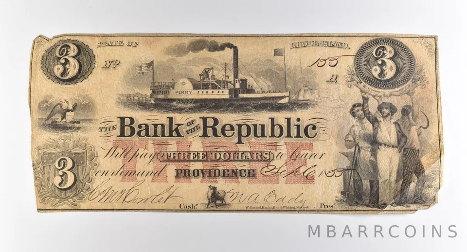 1855 $3 Providence RI Bank Of The Republic Obsolete Note *3774