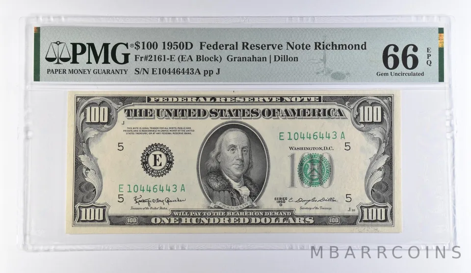 1950 D $100 Richmond VA FRN Fr#2161-E Gem Unc 66 EPQ PMG *9380