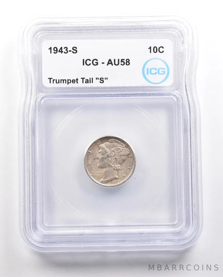 1943-S Mercury Dime Trumpet Tail "S" AU58 ICG *6397